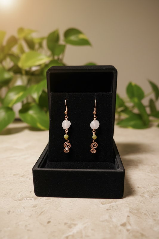 Summer Break Drop Earrings - Rose Quartz, Olive Jade, Bird Symbol