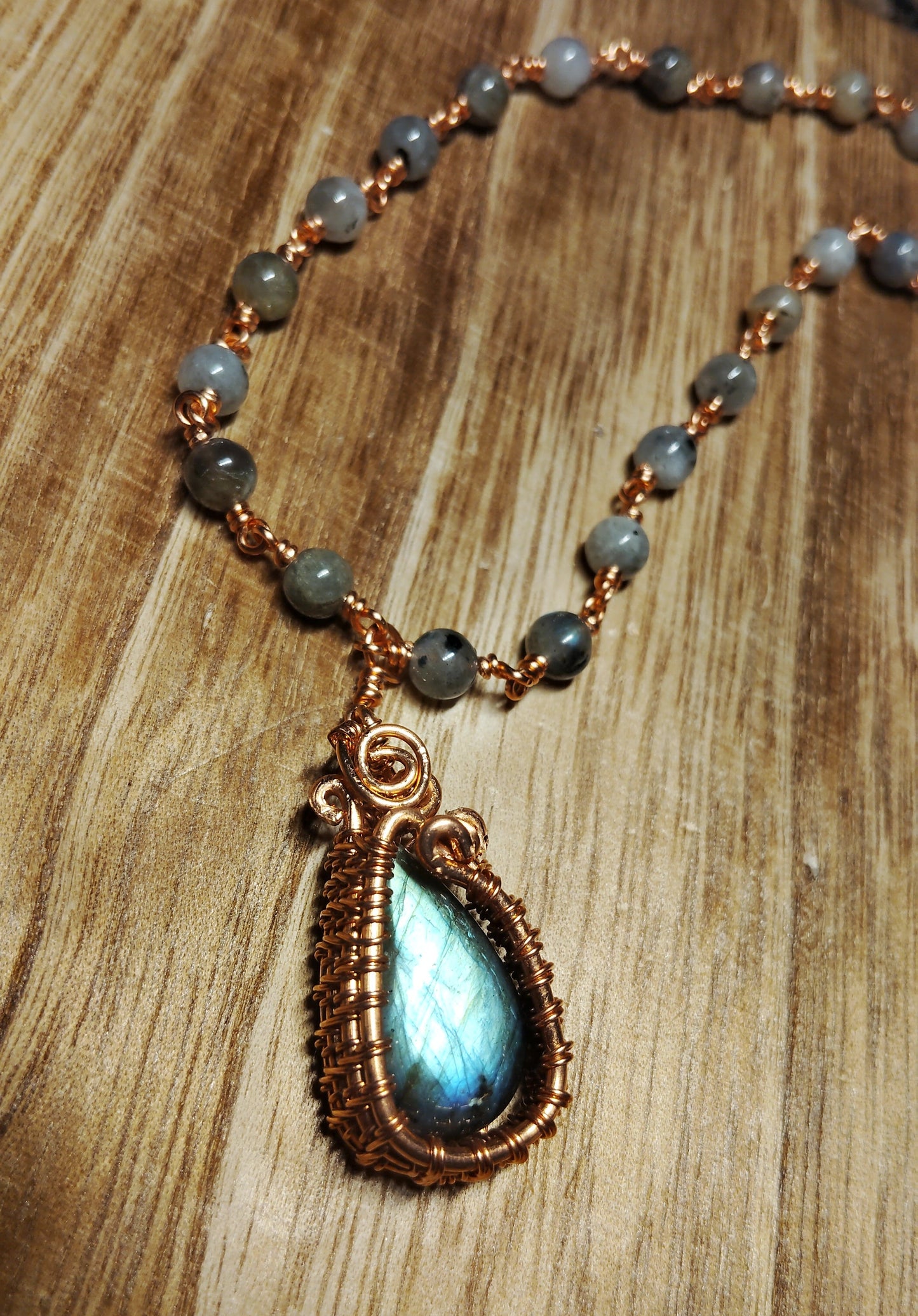 Handmade Labradorite Necklace – 20” Copper Wire Wrapped Teardrop Pendant with Labradorite Beads