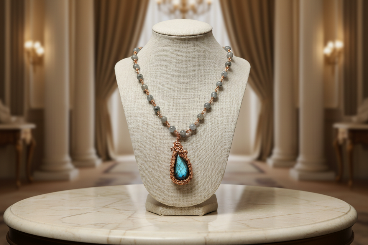 Handmade Labradorite Necklace – 20” Copper Wire Wrapped Teardrop Pendant with Labradorite Beads