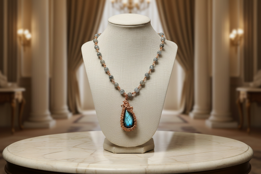 Handmade Labradorite Necklace – 20” Copper Wire Wrapped Teardrop Pendant with Labradorite Beads