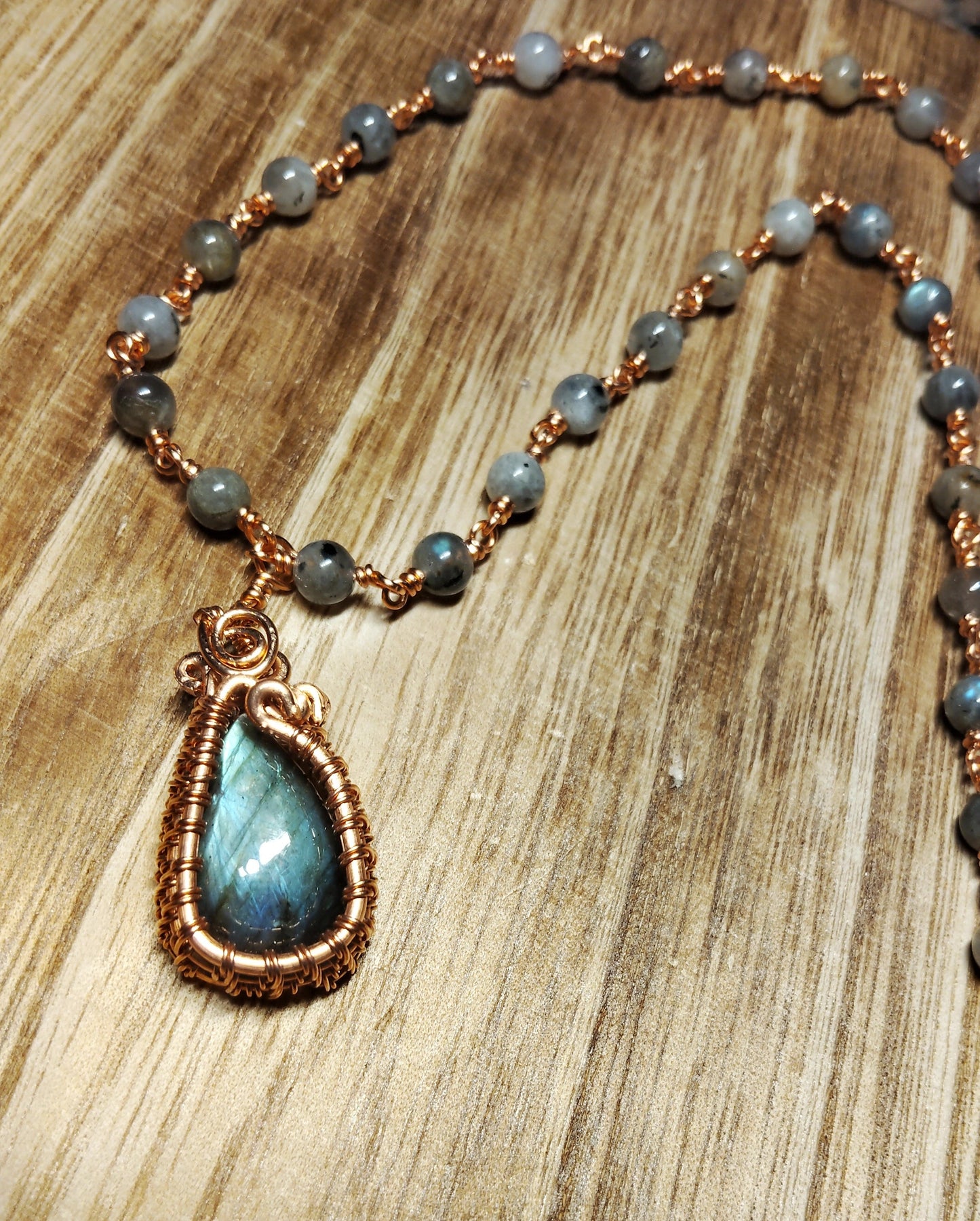 Handmade Labradorite Necklace – 20” Copper Wire Wrapped Teardrop Pendant with Labradorite Beads