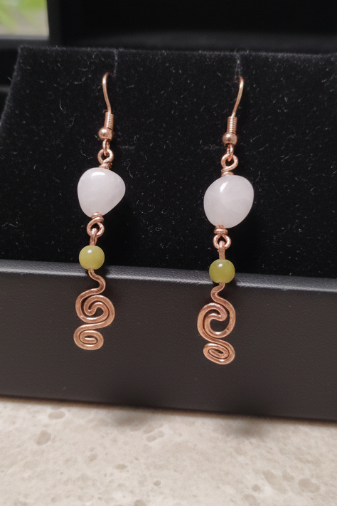 Summer Break Drop Earrings - Rose Quartz, Olive Jade, Bird Symbol